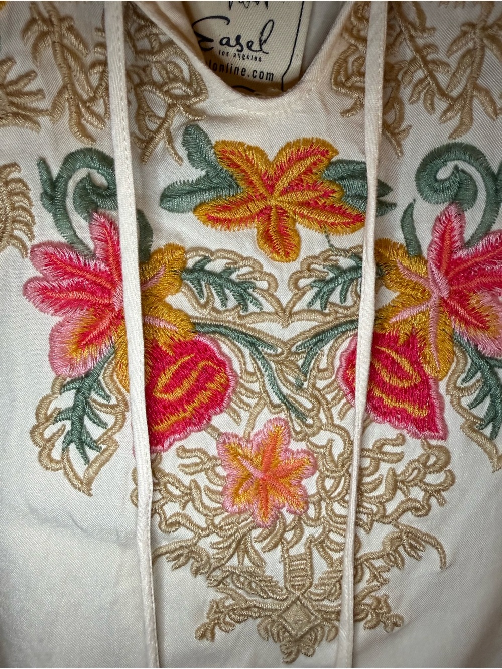 easel Beige - Embroidered Peasant Blouse with Multicolored Floral Accents - NWT - Picture 3 of 9